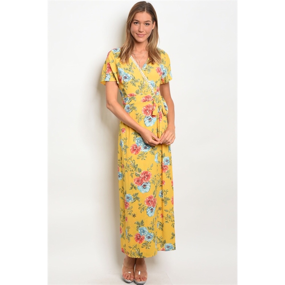 Yellow flora wrap maxi dress